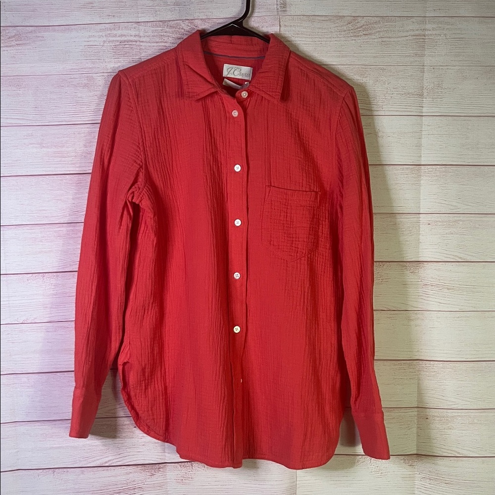 J.Crew NEW PeacH Orange‎ Red Button Up 100% Cotton Long Sleeve Shirt Size Small
